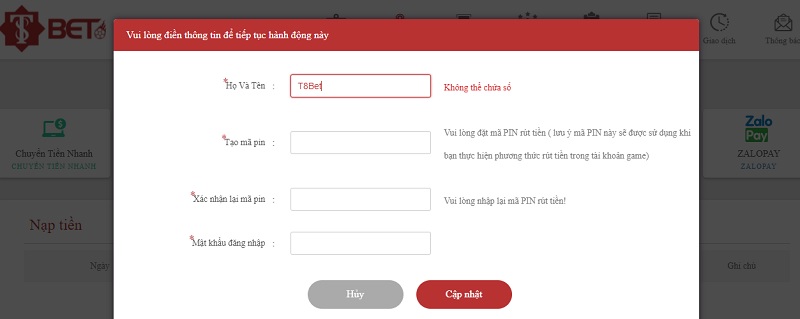 Hướng dẫn nạp và rút tiền tại T8bet